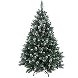 RS Trade 15013 210 cm Weihnachtsbaum künstlich mit Schnee und Zapfen (Ø ca. 132 cm) ca. 1400 Spitzen, schwer entflammbarer Tannenbaum mit Schnellaufbau Klappsystem, inkl. Christbaum Ständer