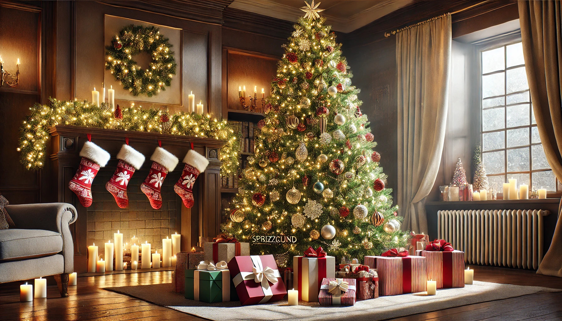 Ein geschmückter DekoLand Weihnachtsbaum in einem weihnachtlich dekorierten Wohnzimmer, mit Geschenken darunter und warmem Licht im Hintergrund