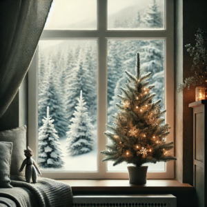 Kleiner künstlicher Weihnachtsbaum für die Fensterbank