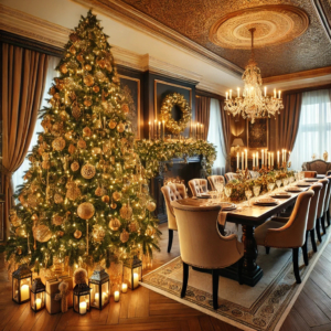 Ein 200 cm Weihnachtsbaum in einem festlich gedeckten Esszimmer. Der Baum ist in warmen Farben geschmückt, und die Tafel im Vordergrund ist für ein elegantes Weihnachtsessen vorbereitet.